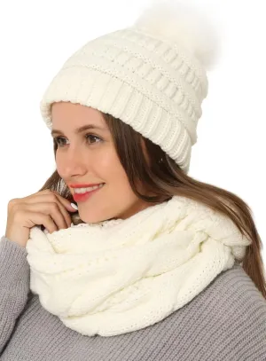 Double Couple Winter Scarf and Hat Set for Women Thick Cable Knitted Circle Loop Infinity Scarfs and Warm Beanie Hat