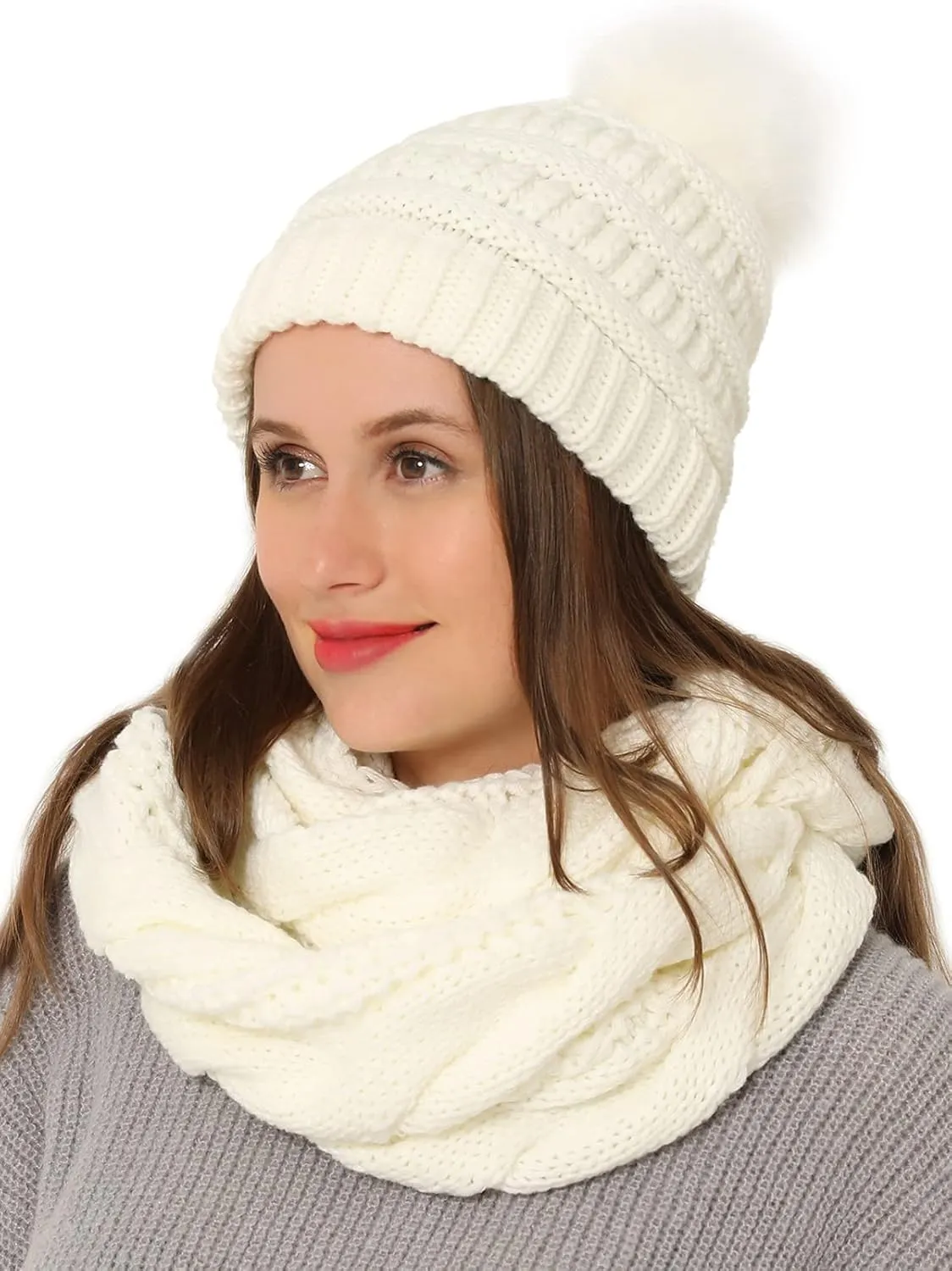 Double Couple Winter Scarf and Hat Set for Women Thick Cable Knitted Circle Loop Infinity Scarfs and Warm Beanie Hat