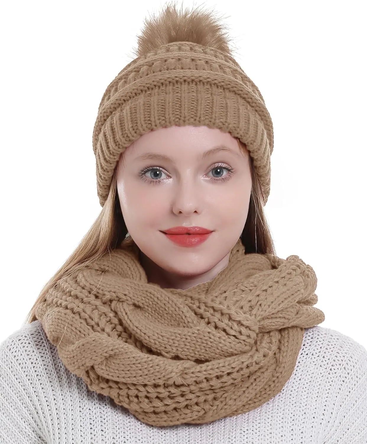 Double Couple Winter Scarf and Hat Set for Women Thick Cable Knitted Circle Loop Infinity Scarfs and Warm Beanie Hat