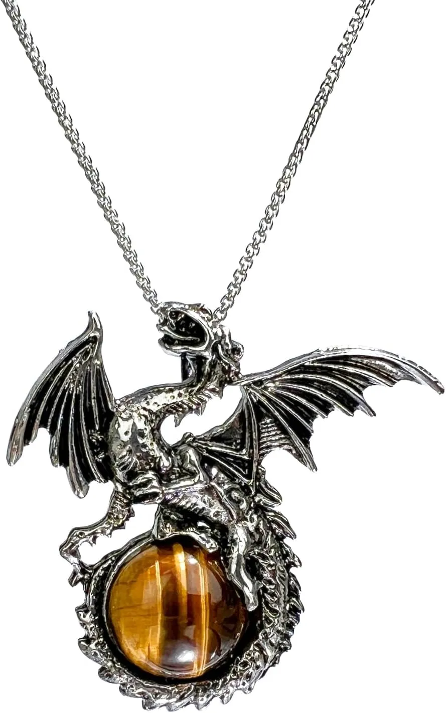 Dragon Necklace - Unique Crystal & Gemstone Pendant for Men & Women - Silver Dinosaur Jewelry Gift