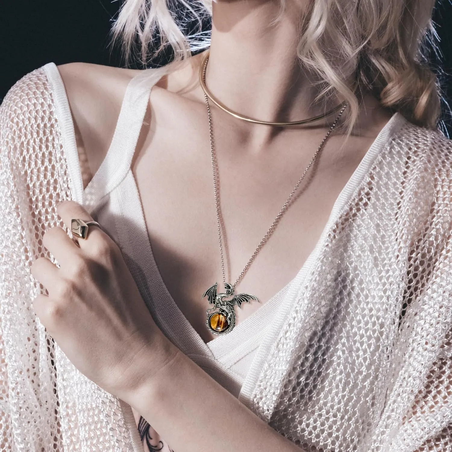 Dragon Necklace - Unique Crystal & Gemstone Pendant for Men & Women - Silver Dinosaur Jewelry Gift