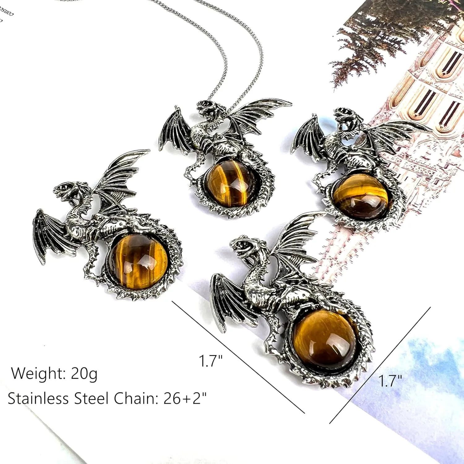 Dragon Necklace - Unique Crystal & Gemstone Pendant for Men & Women - Silver Dinosaur Jewelry Gift