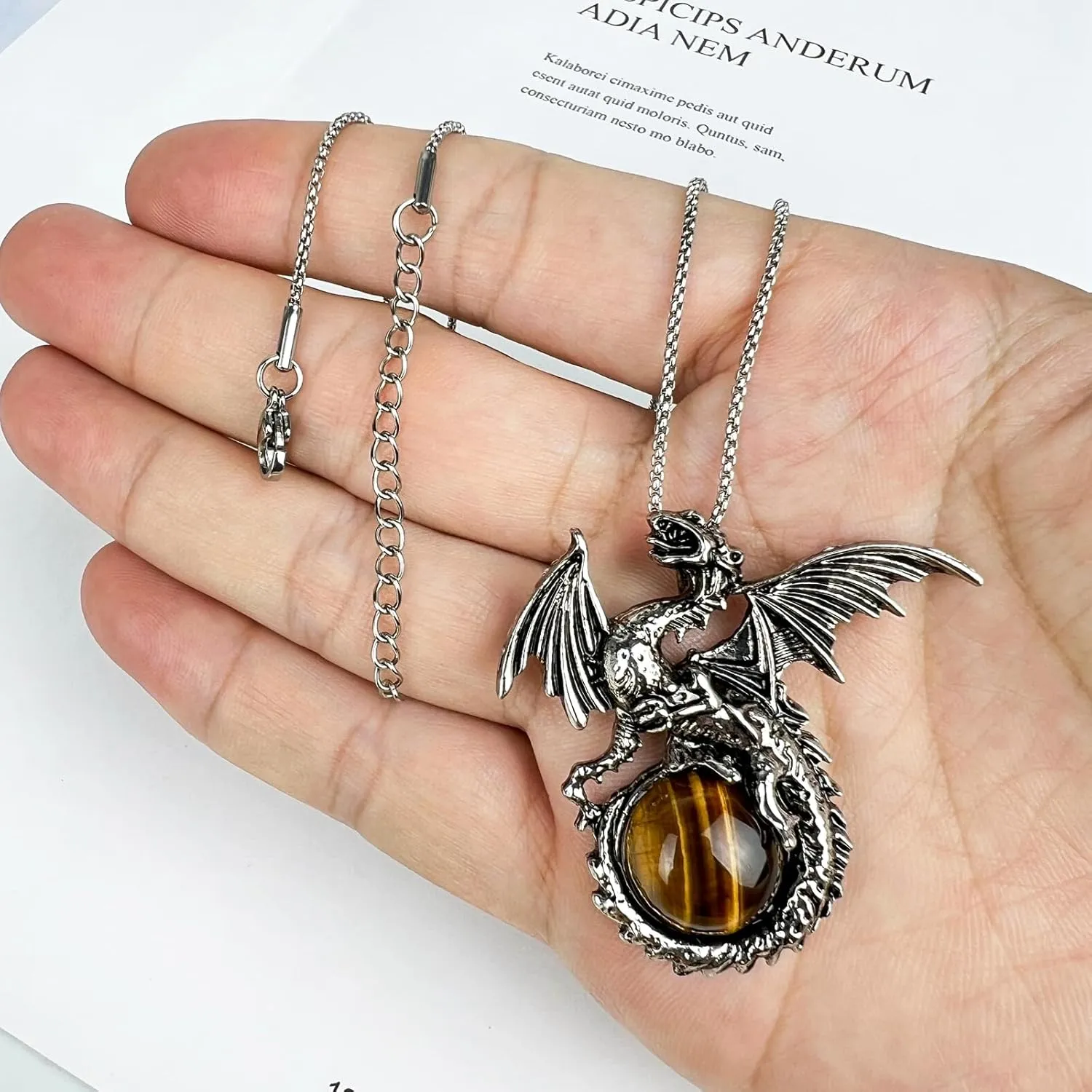 Dragon Necklace - Unique Crystal & Gemstone Pendant for Men & Women - Silver Dinosaur Jewelry Gift