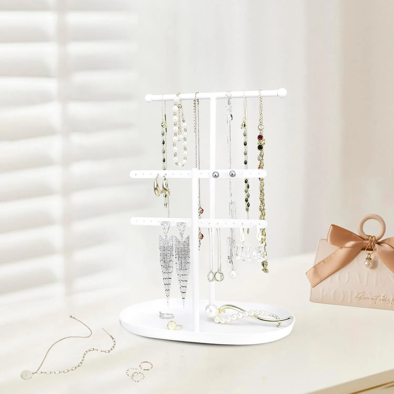 Elegant Jewelry holder Organizer 2-Tier Display Storage Stand for Earrings Necklaces with Ring Tray Spacious and Durable, Easy to Assemble White