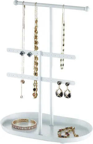 Elegant Jewelry holder Organizer 2-Tier Display Storage Stand for Earrings Necklaces with Ring Tray Spacious and Durable, Easy to Assemble White