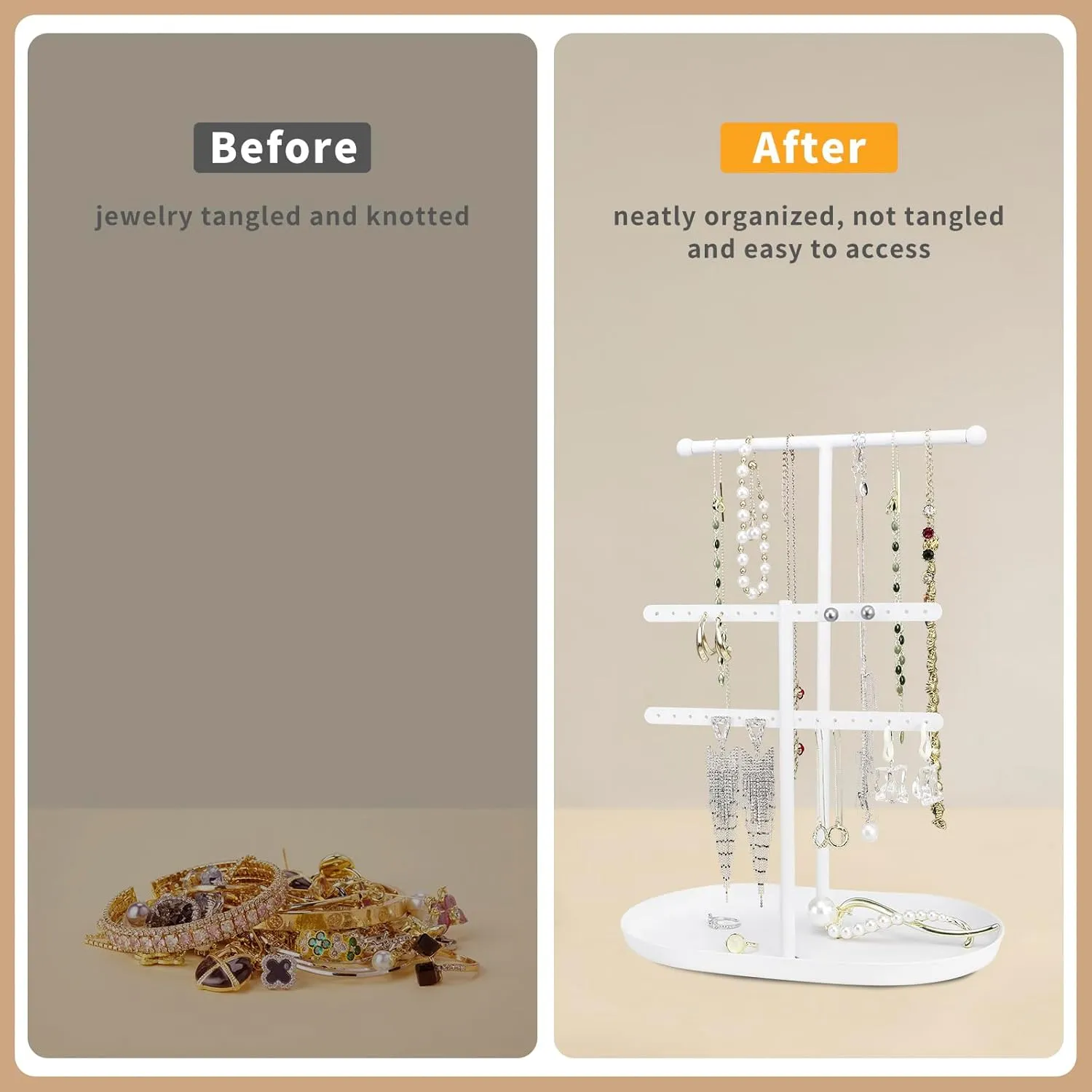 Elegant Jewelry holder Organizer 2-Tier Display Storage Stand for Earrings Necklaces with Ring Tray Spacious and Durable, Easy to Assemble White