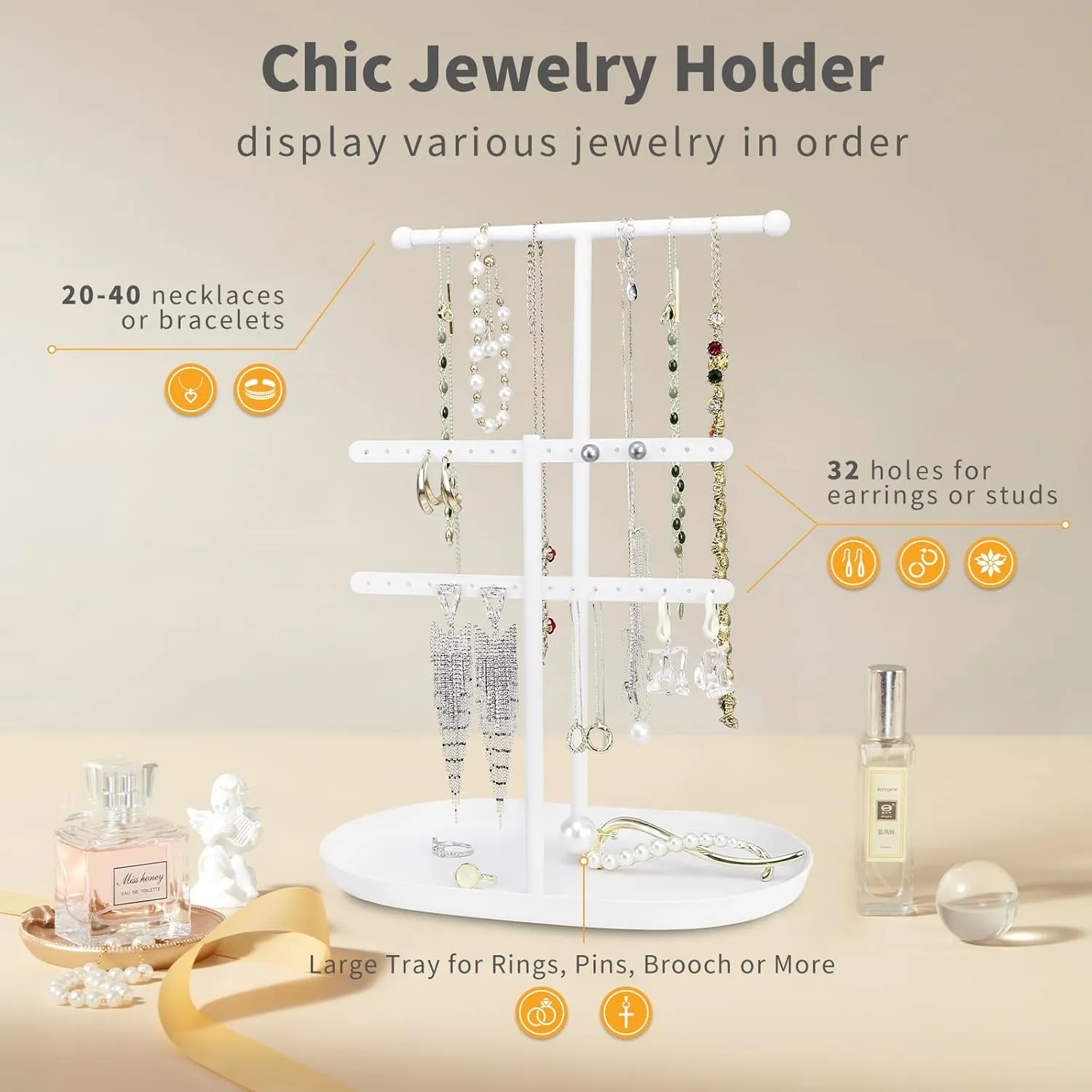 Elegant Jewelry holder Organizer 2-Tier Display Storage Stand for Earrings Necklaces with Ring Tray Spacious and Durable, Easy to Assemble White
