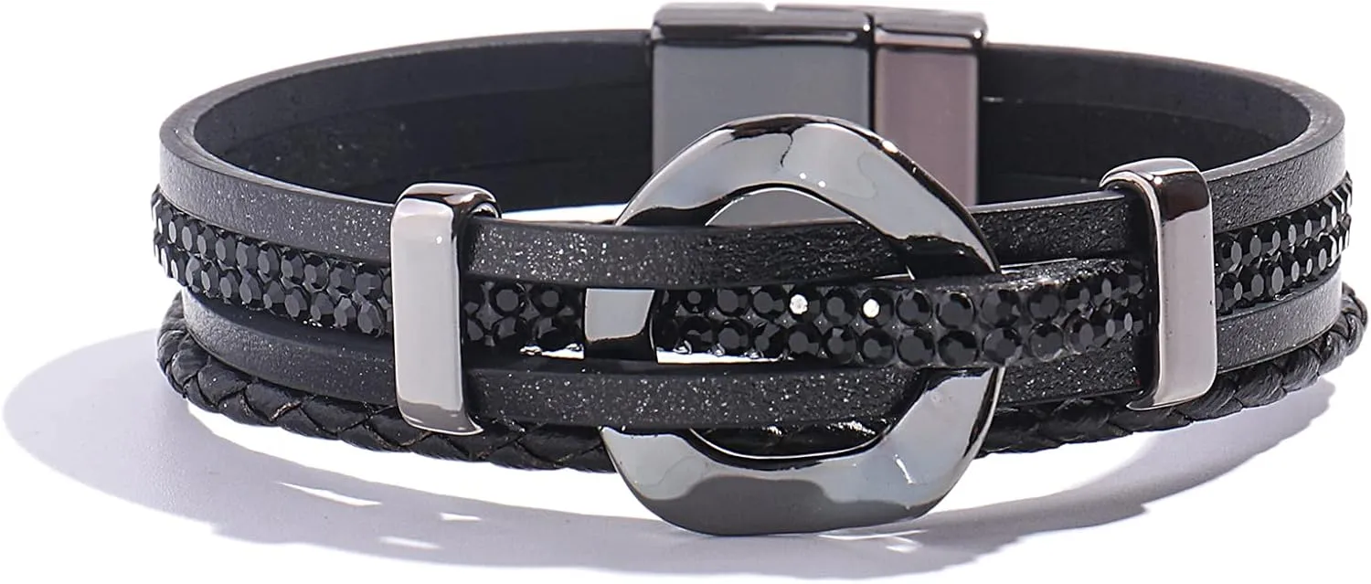 FANCY SHINY Leather Cuff Bracelet Circle Rhinestone Wrap Bracelet Stackable Multi Layer Wristband with Clasp Boho Jewelry Gift for Women