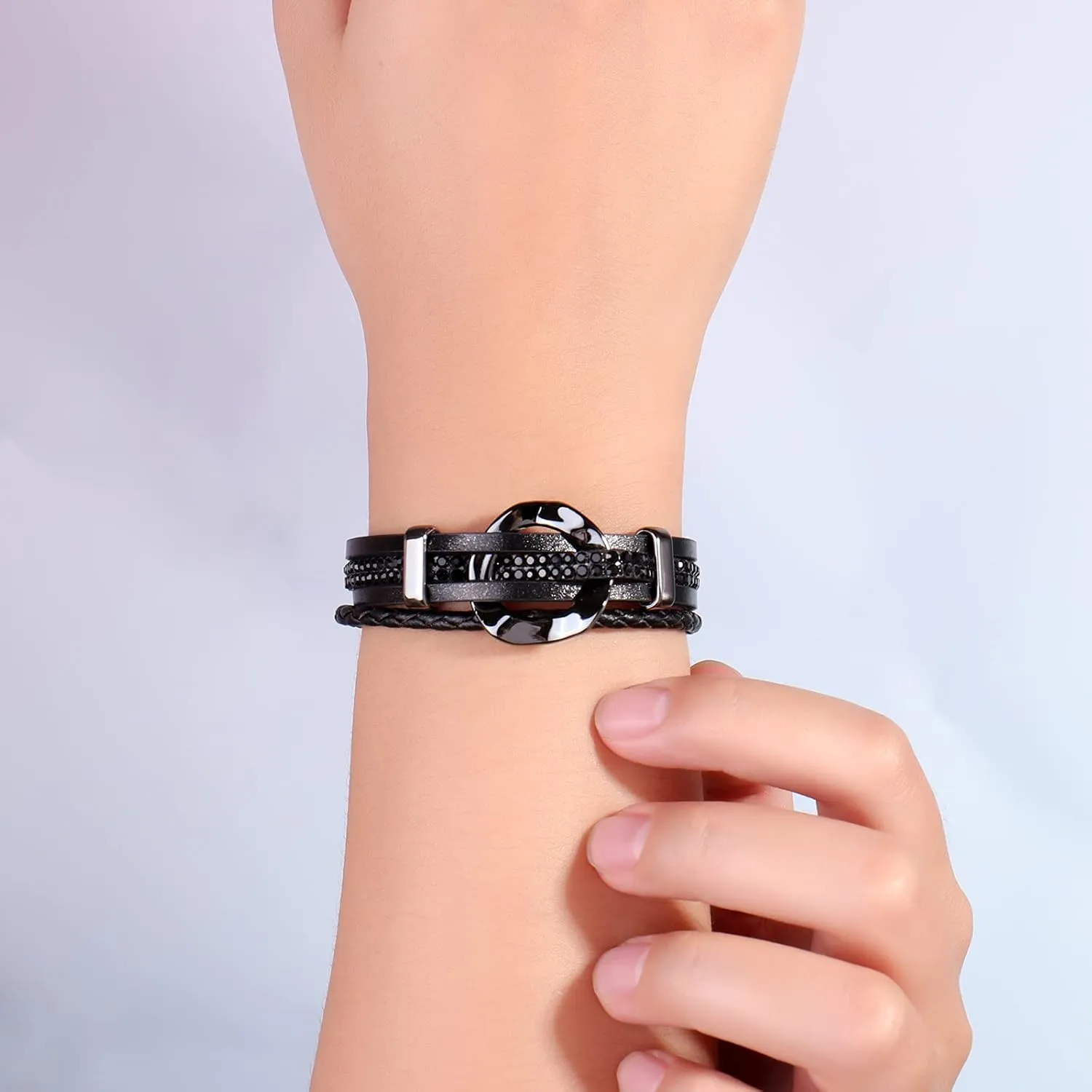 FANCY SHINY Leather Cuff Bracelet Circle Rhinestone Wrap Bracelet Stackable Multi Layer Wristband with Clasp Boho Jewelry Gift for Women