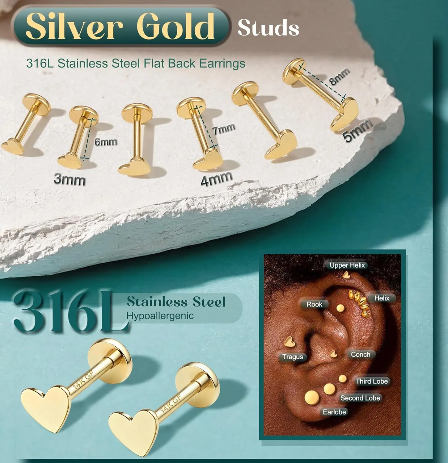 Flat Back Earrings Stud : 14K Gold Filled Titanium Surgical Steel Earrings Hypoallergenic for Women Men 18G Cartilage Helix Tragus Conch Medusa Piercing Jewelry Dainty Stud Earring Set 3 Pair
