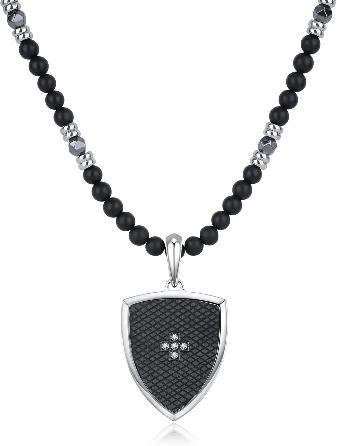 GAVU Men's Crystal Beaded Necklace, Black Pendant Cross Shield Pendant Onyx Necklace for Men