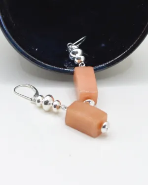 Geometric stone and silver dangling earrings, statement pastel orange earrings, agate stone, romantic gift