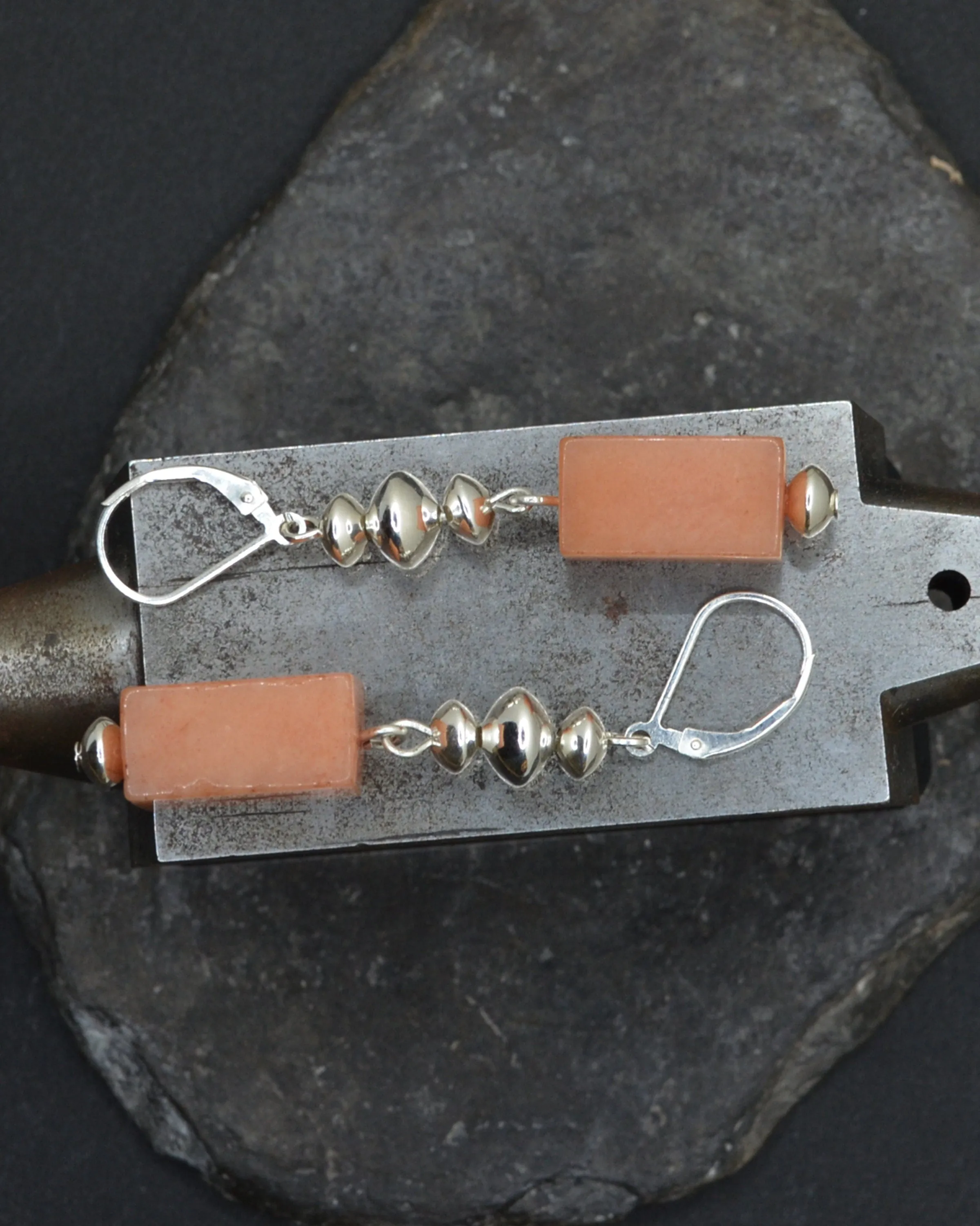 Geometric stone and silver dangling earrings, statement pastel orange earrings, agate stone, romantic gift