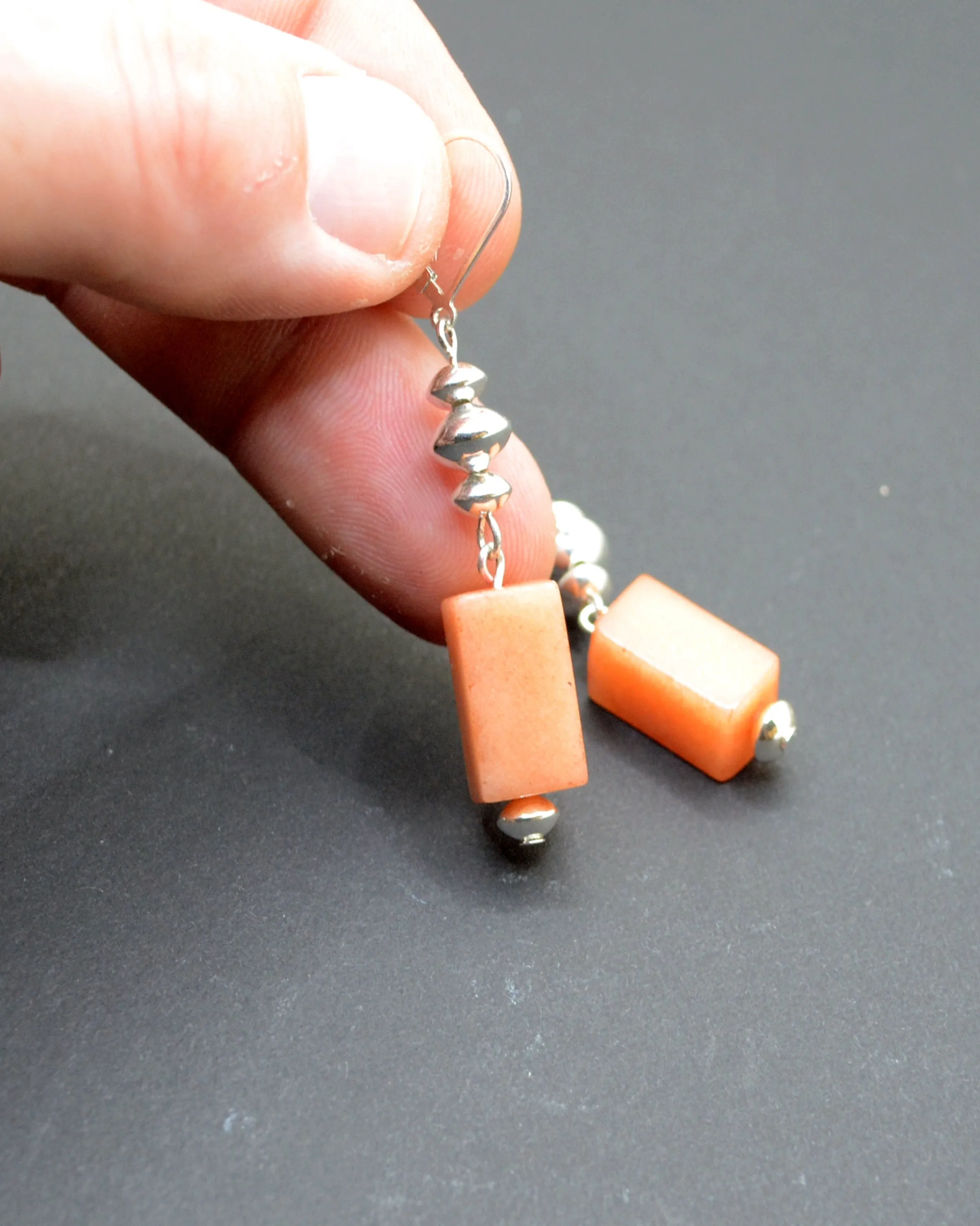 Geometric stone and silver dangling earrings, statement pastel orange earrings, agate stone, romantic gift