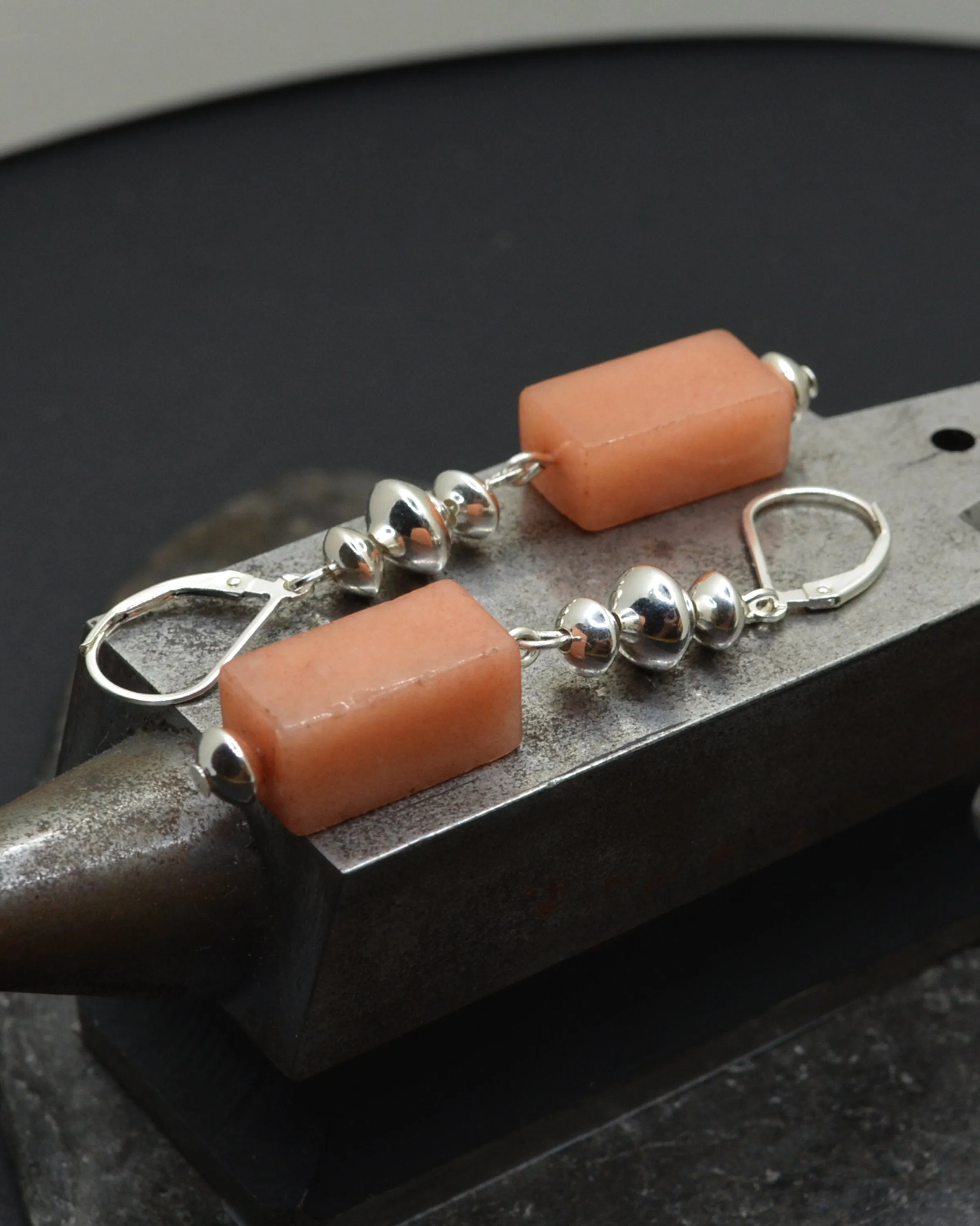Geometric stone and silver dangling earrings, statement pastel orange earrings, agate stone, romantic gift