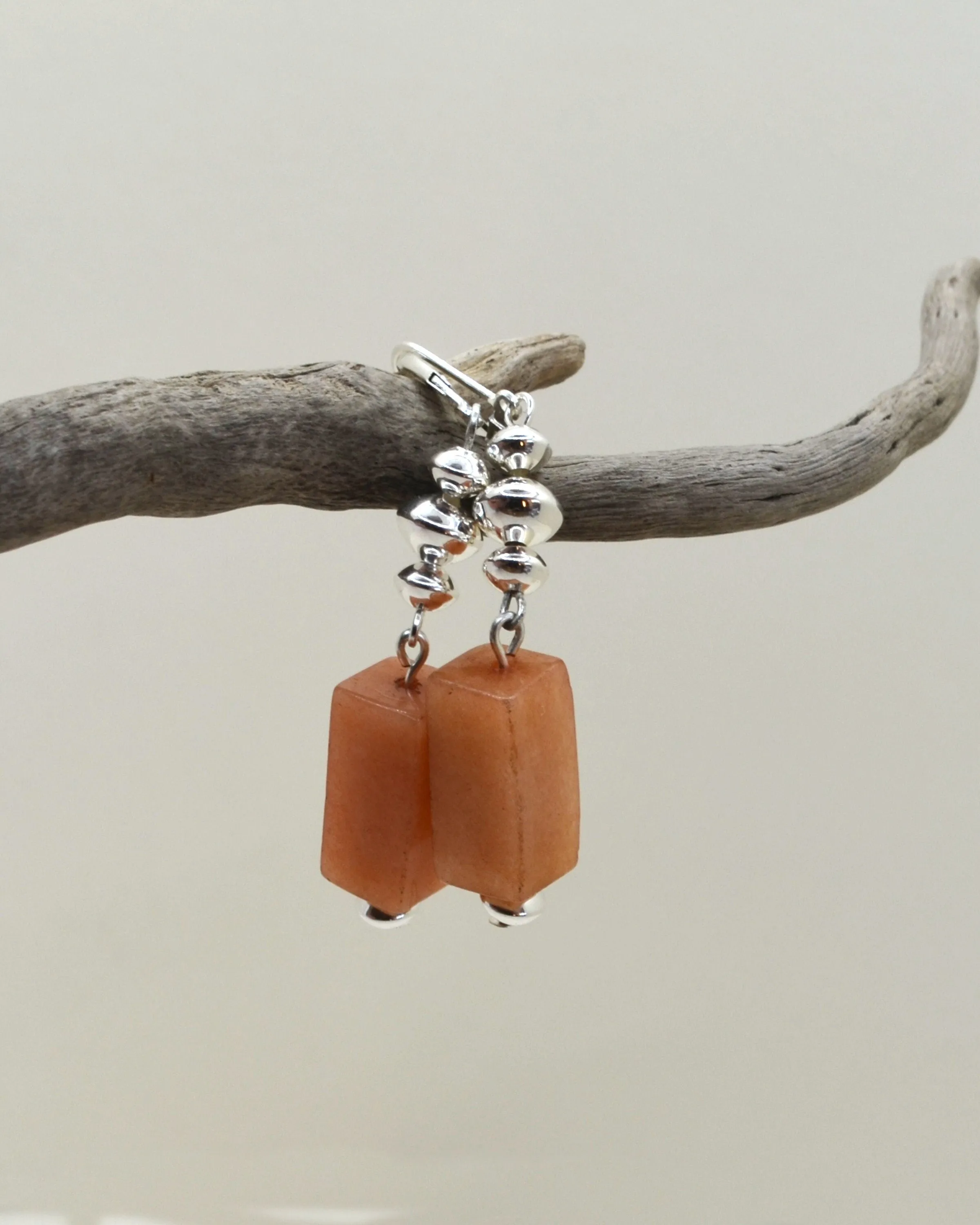 Geometric stone and silver dangling earrings, statement pastel orange earrings, agate stone, romantic gift