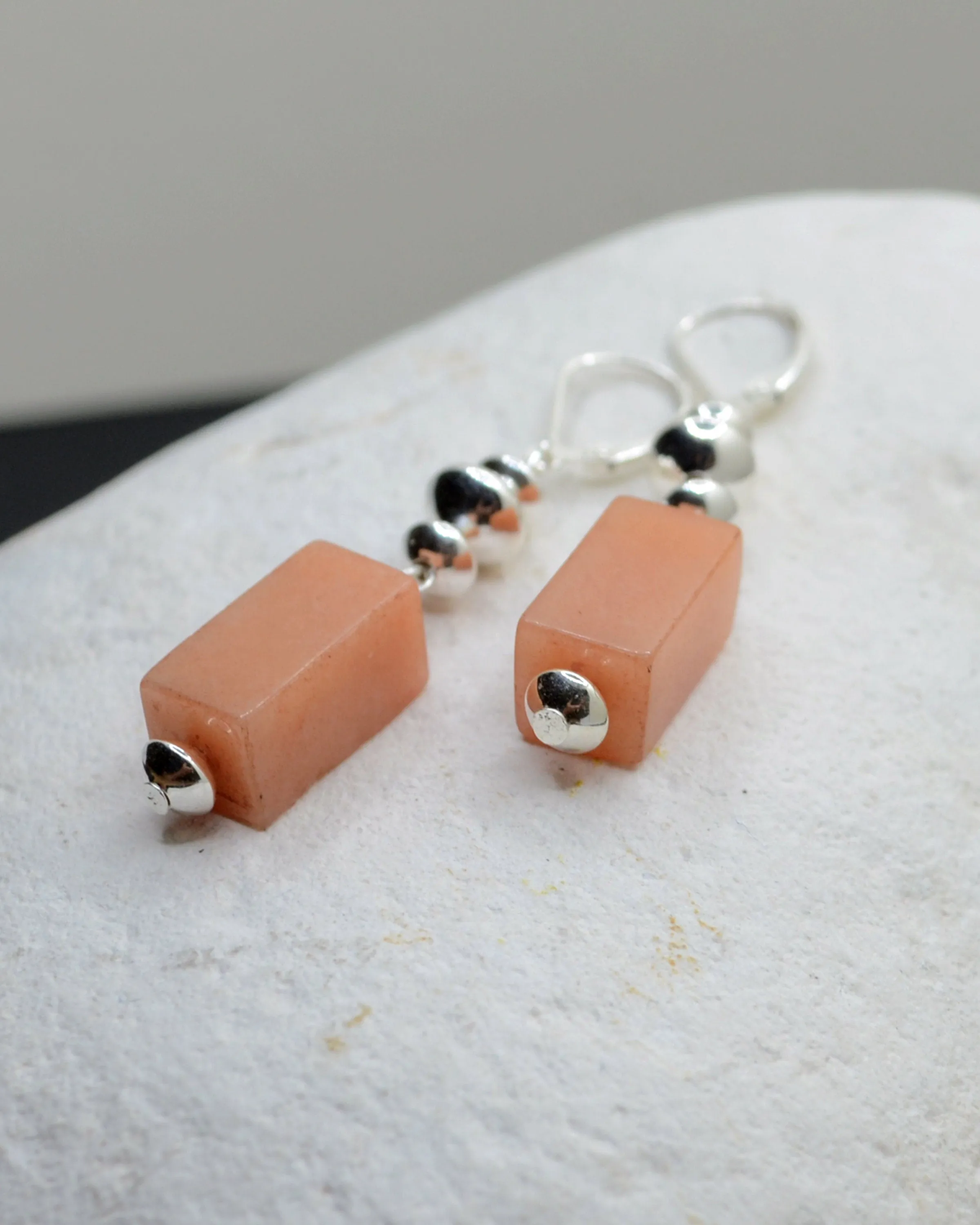 Geometric stone and silver dangling earrings, statement pastel orange earrings, agate stone, romantic gift