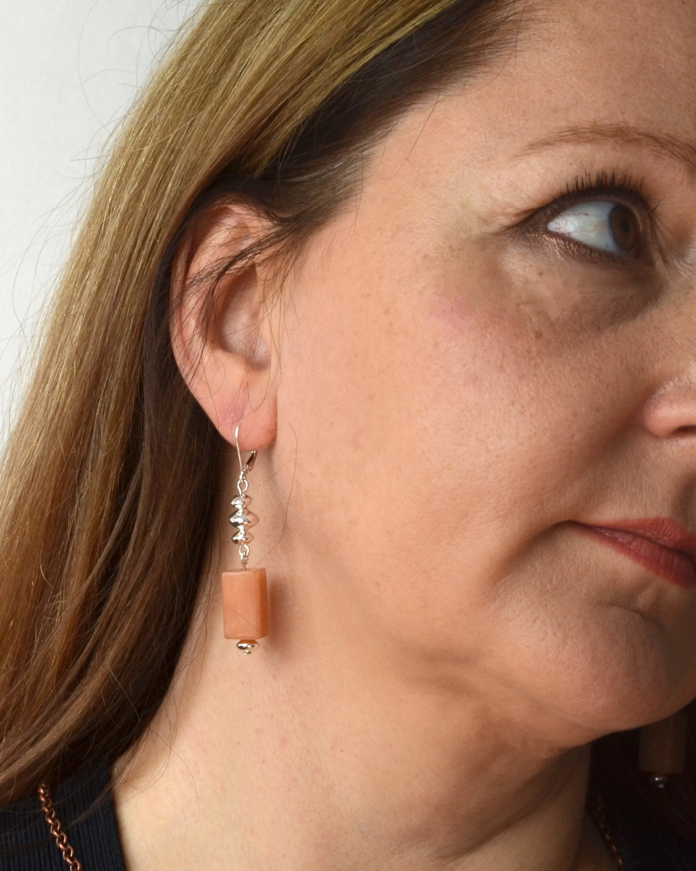Geometric stone and silver dangling earrings, statement pastel orange earrings, agate stone, romantic gift