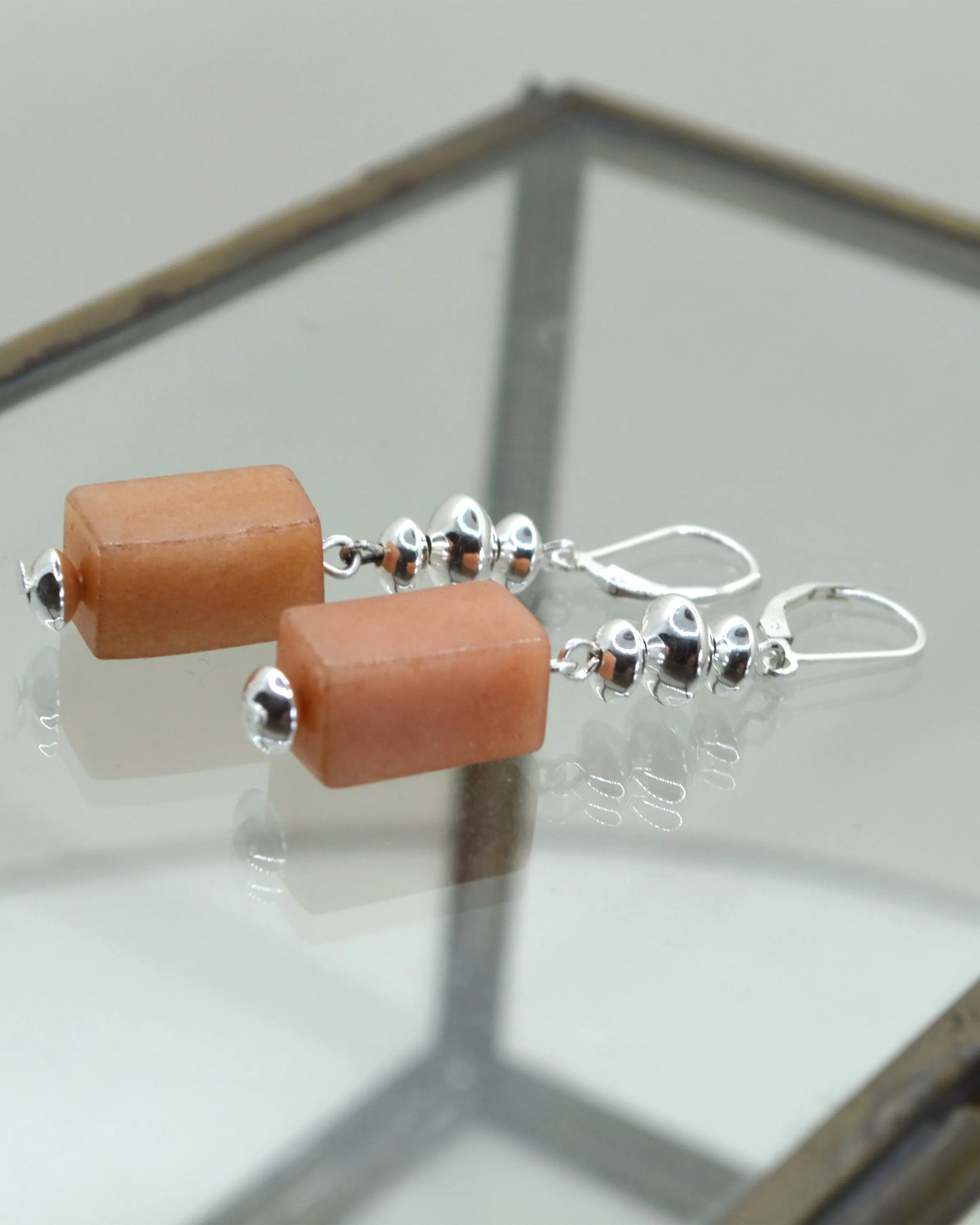 Geometric stone and silver dangling earrings, statement pastel orange earrings, agate stone, romantic gift
