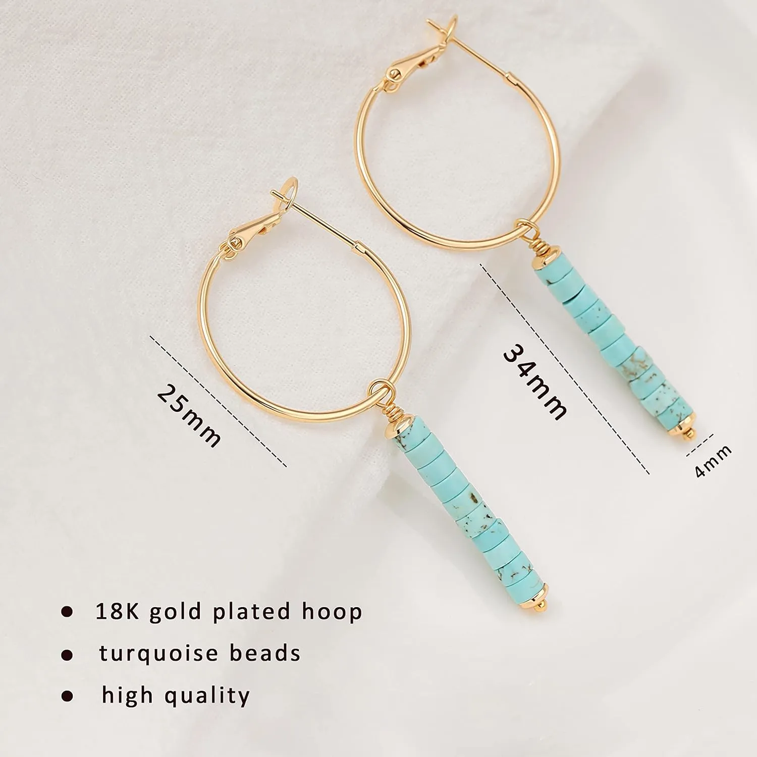 Gold Huggie Hoop Drop Dangle Earrings Turquoise Beads Gemstone Earrings Boho Handmade Lightweight Jewelry for Women