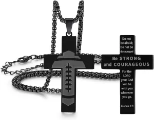 Graduation Gifts American Flag Cross Necklace for Men Bible Verse Stainless Steel American Flag Pendant Chain Football Necklace Birthday Gifts for Husband Dad Son Black Soccer Cross Neaclaces