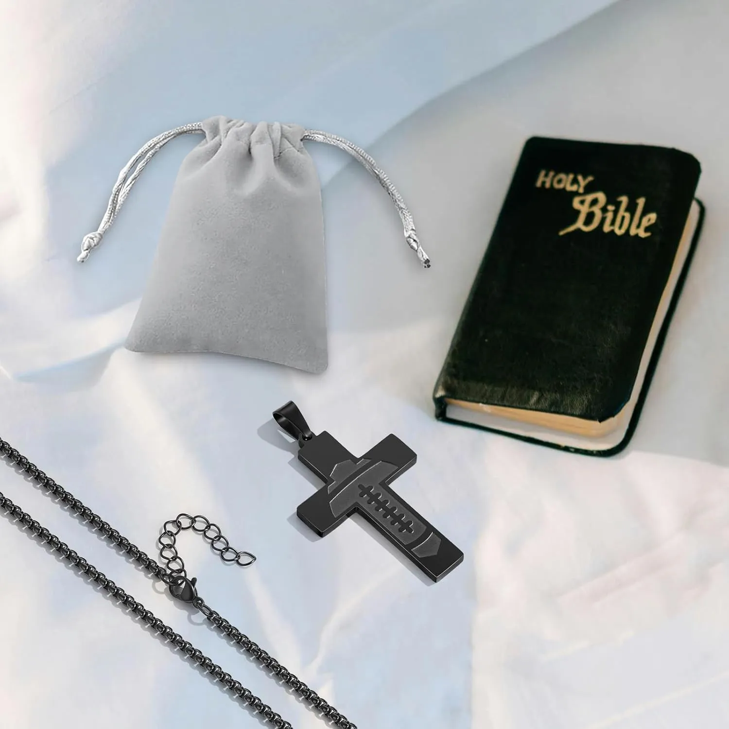 Graduation Gifts American Flag Cross Necklace for Men Bible Verse Stainless Steel American Flag Pendant Chain Football Necklace Birthday Gifts for Husband Dad Son Black Soccer Cross Neaclaces