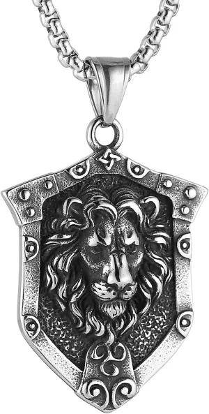 HZMAN Lion Head Necklace for Men Stainless Steel Gothic Retro Lion Shield Pendant Necklace Jewelry Gift