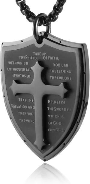 HZMAN Shield Armor of God Ephesians 6:16-17, Faith Cross Stainless Steel Pendant Necklace