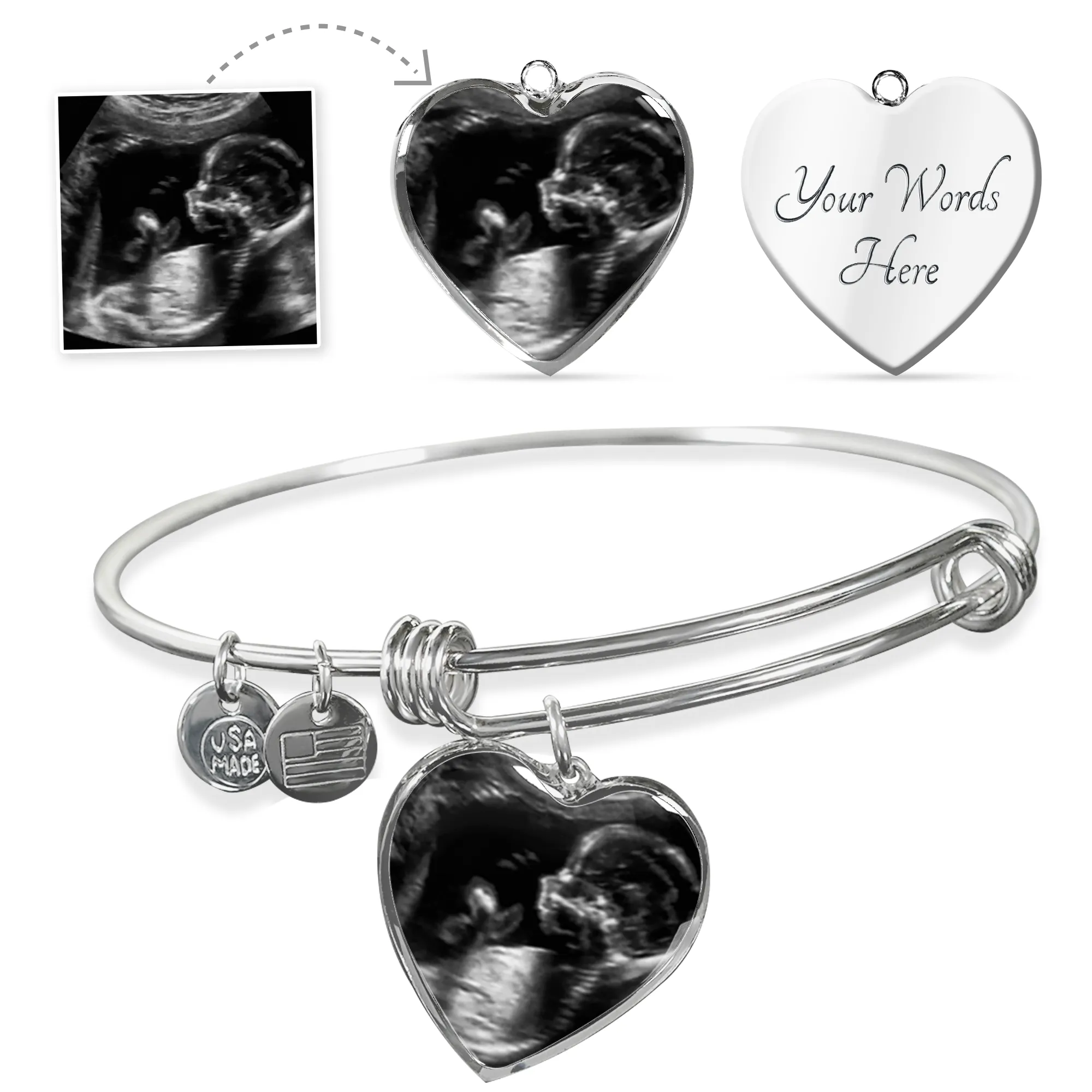Infant Loss Healing Gift for Grieving Mothers, Keepsake Jewelry Baby Ultrasound Photo Bangle Bracelet