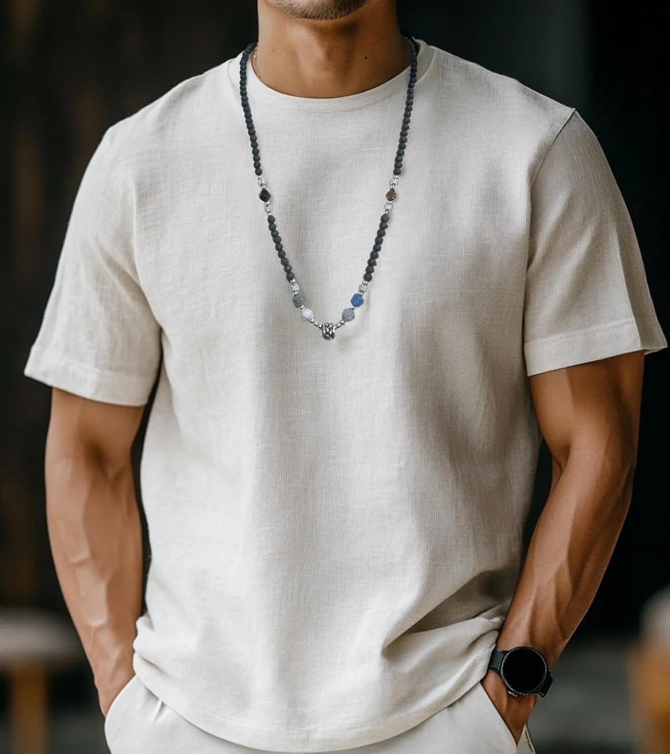 Mens Long Beaded Necklace Natural Stone Bead Necklace with Pendant Costume Jewelry Birthday Gifts for Men