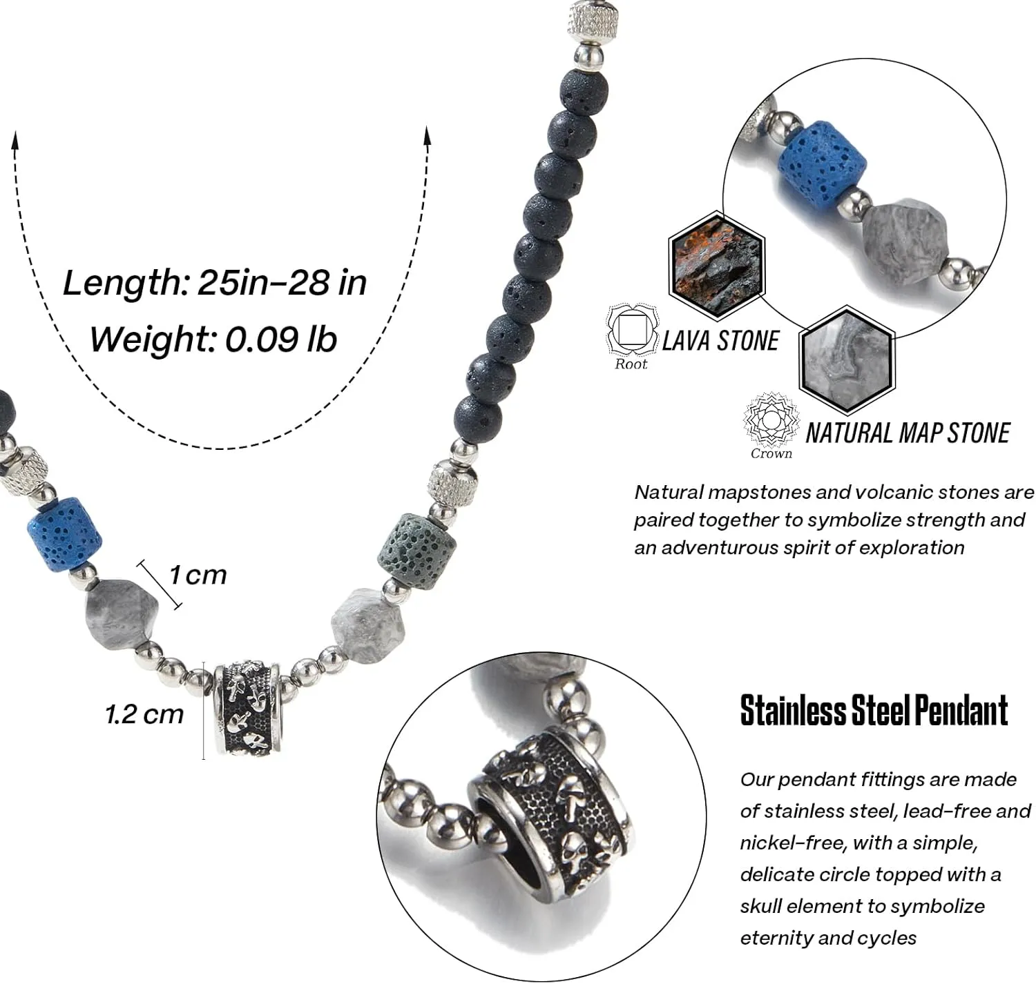 Mens Long Beaded Necklace Natural Stone Bead Necklace with Pendant Costume Jewelry Birthday Gifts for Men