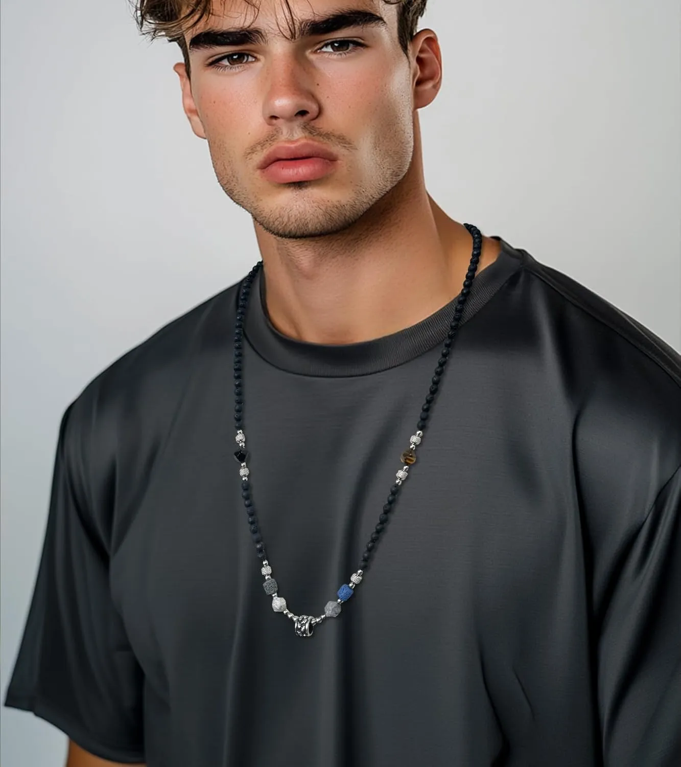 Mens Long Beaded Necklace Natural Stone Bead Necklace with Pendant Costume Jewelry Birthday Gifts for Men