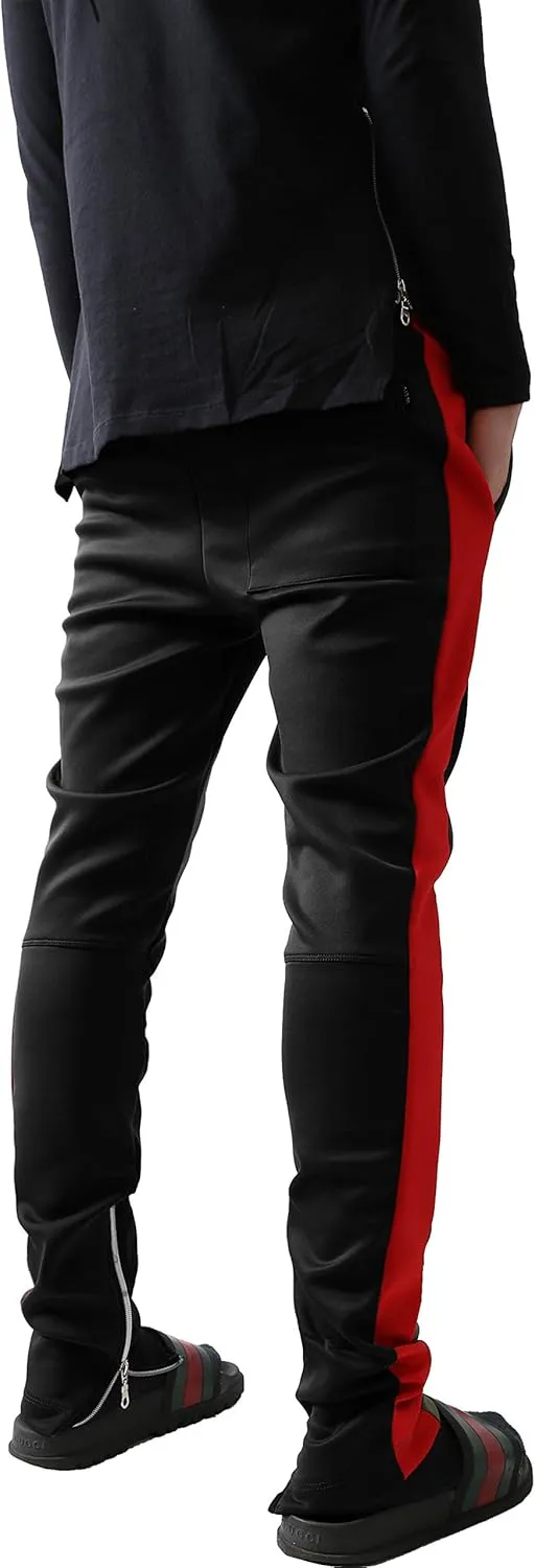 Mens Stripe Track Pants Skinny Fit Stretch Trouser Elastic Jogger Gym Workout