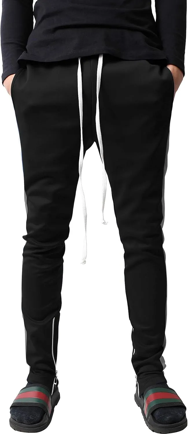 Mens Stripe Track Pants Skinny Fit Stretch Trouser Elastic Jogger Gym Workout