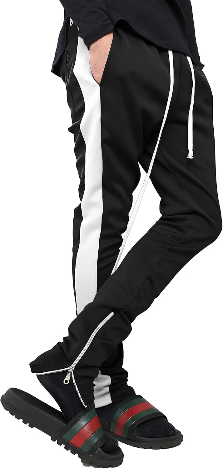Mens Stripe Track Pants Skinny Fit Stretch Trouser Elastic Jogger Gym Workout