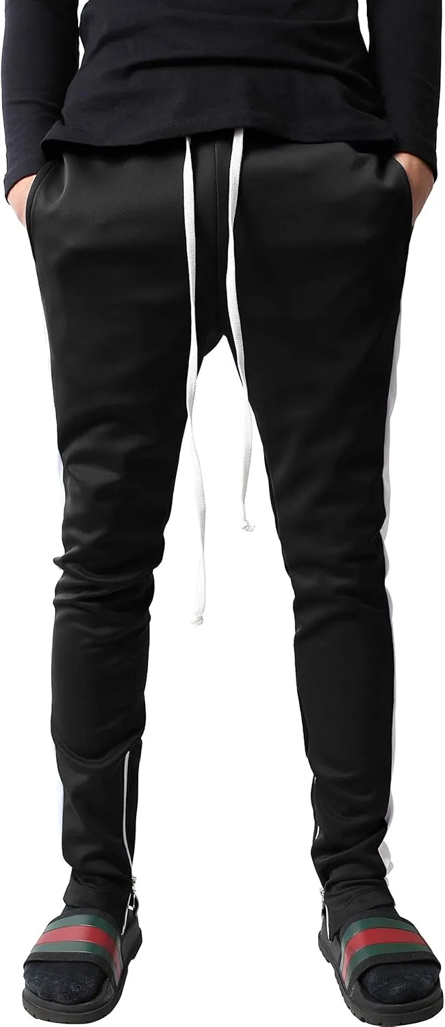 Mens Stripe Track Pants Skinny Fit Stretch Trouser Elastic Jogger Gym Workout