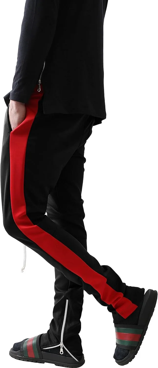 Mens Stripe Track Pants Skinny Fit Stretch Trouser Elastic Jogger Gym Workout