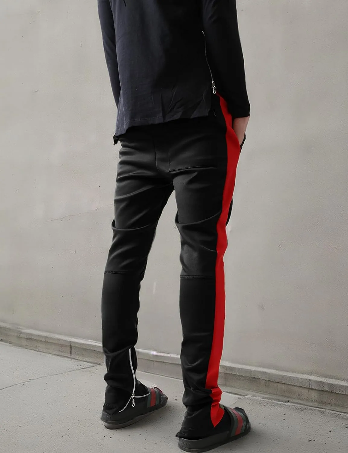 Mens Stripe Track Pants Skinny Fit Stretch Trouser Elastic Jogger Gym Workout