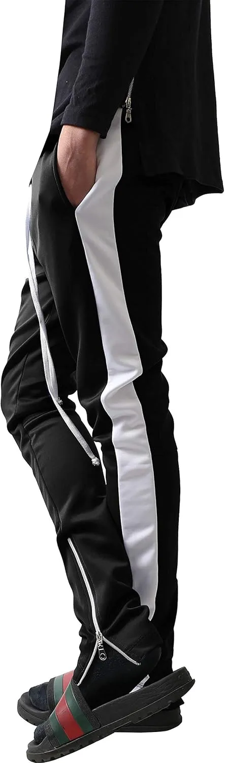 Mens Stripe Track Pants Skinny Fit Stretch Trouser Elastic Jogger Gym Workout