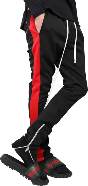 Mens Stripe Track Pants Skinny Fit Stretch Trouser Elastic Jogger Gym Workout