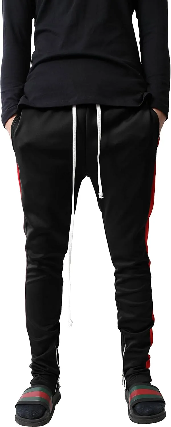 Mens Stripe Track Pants Skinny Fit Stretch Trouser Elastic Jogger Gym Workout