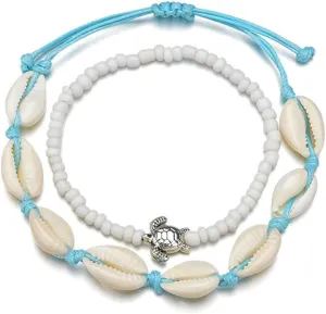 Multi-Layer Beaded Shell Anklet Bracelets Adjustable Boho Turtle Beach Ankle Bracelets Foot Jewelry for Women2 Pcs