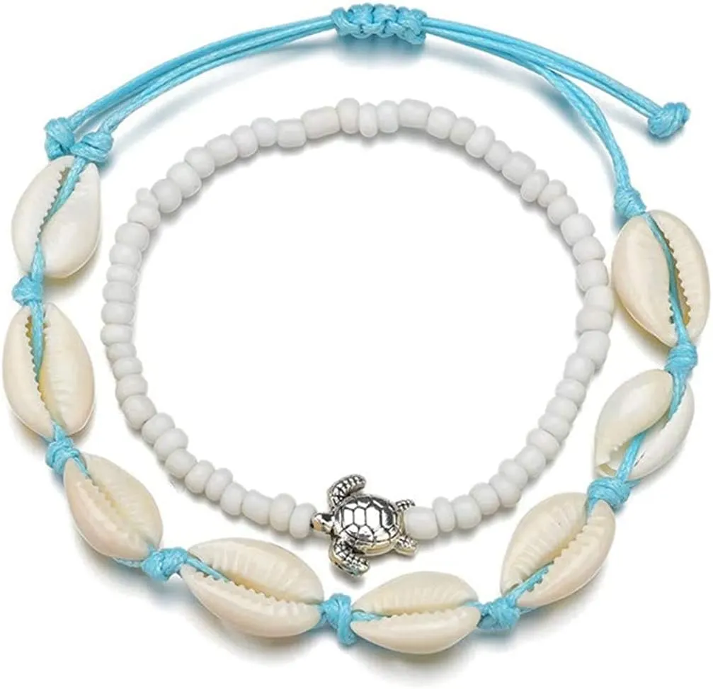 Multi-Layer Beaded Shell Anklet Bracelets Adjustable Boho Turtle Beach Ankle Bracelets Foot Jewelry for Women2 Pcs