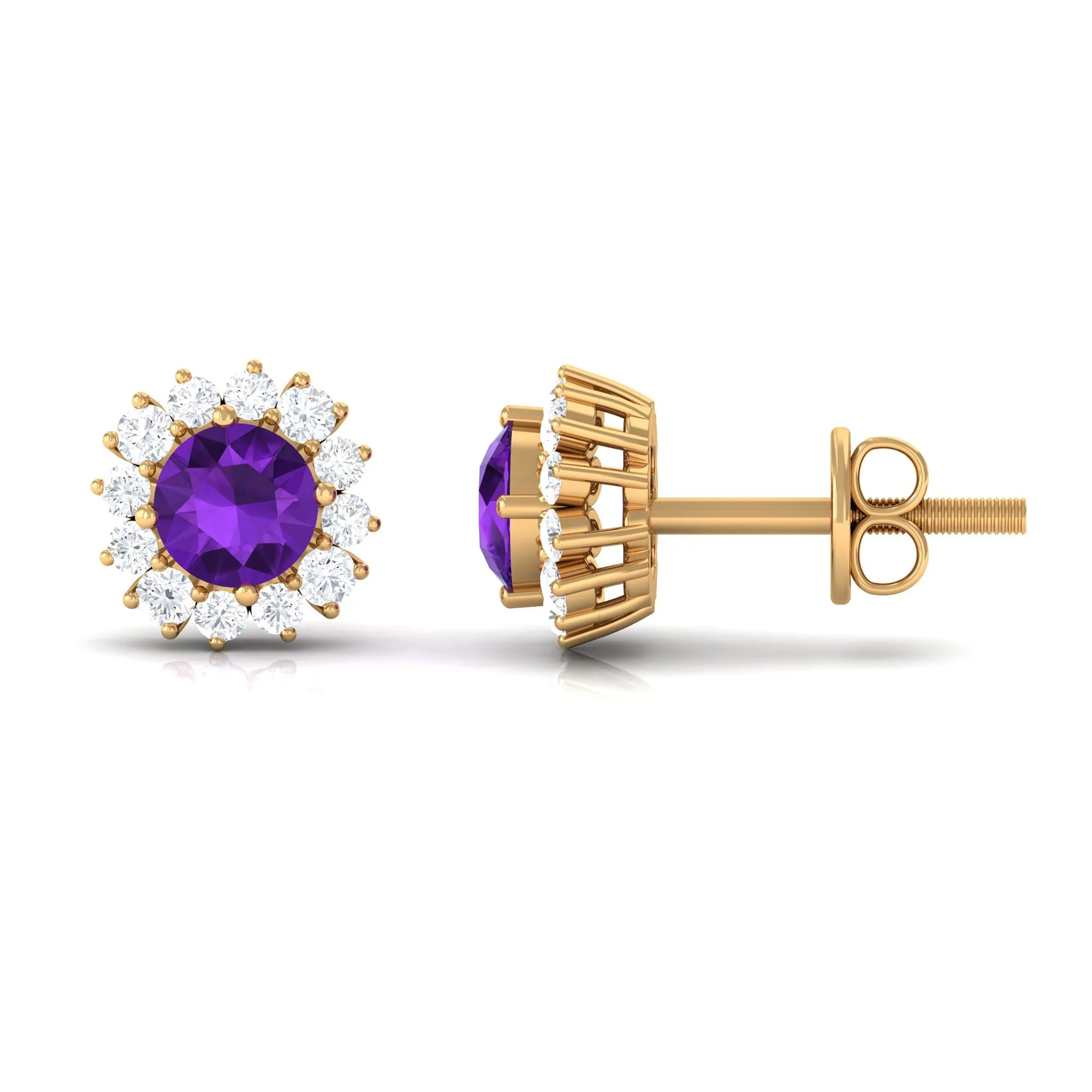 Natural Amethyst Classic Halo Stud Earring with Diamond