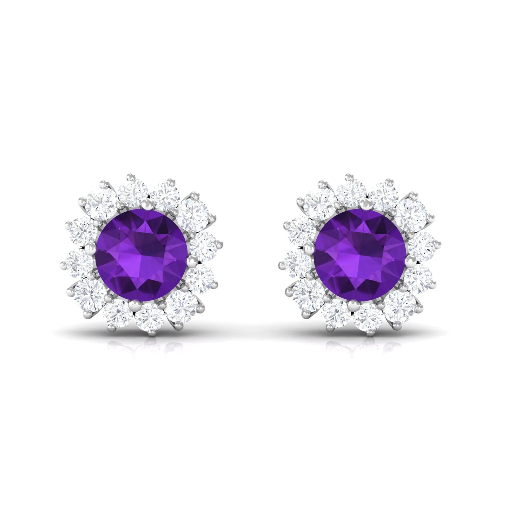 Natural Amethyst Classic Halo Stud Earring with Diamond