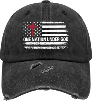 One Nation Under God Hats for Womens Washed Distressed Baseball Caps Vintage Washed Ball Cap Fitted, Allblack