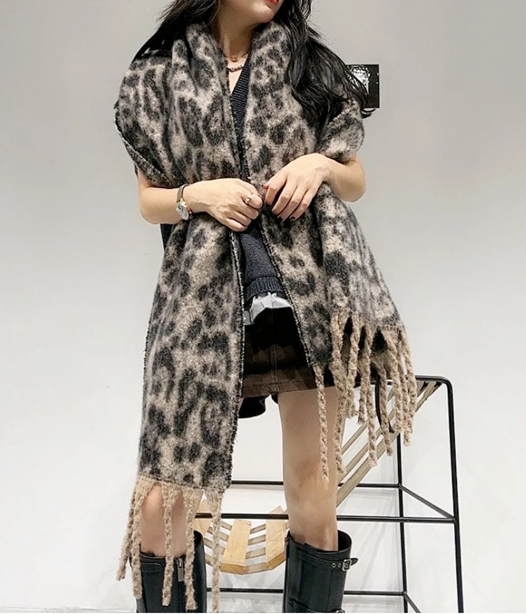 Oversized Cozy Leopard Fuzzy Scarf with Braided Tassels