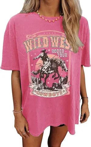 Oversized Wild West Cowboys T-Shirt for Women Vintage Country Music Tee Western Rodeo Graphic Tee Short Sleeve Loose Top