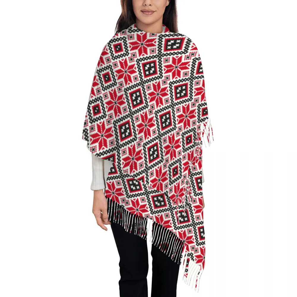 Palestinian Tatreez Tassel Scarf Neckerchief for Women 28.35" x 77.56", Red