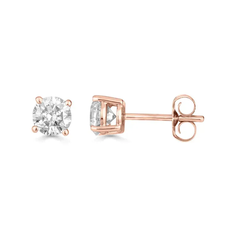 Paris Jewelry 14K Rose Solid Gold Created White Diamond Round 1/4Ct, 1/2Ct, 1Ct, 2Ct, 3Ct Stud Earrings - D/VVS1